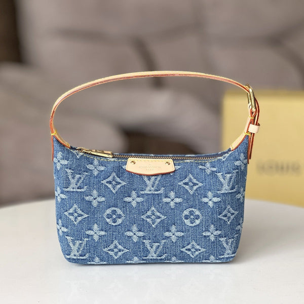 LV 25S HILLS POCHETTE 20 IN BLUE MONOGRAM DENIM CALFSKIN LEATHER STRAP