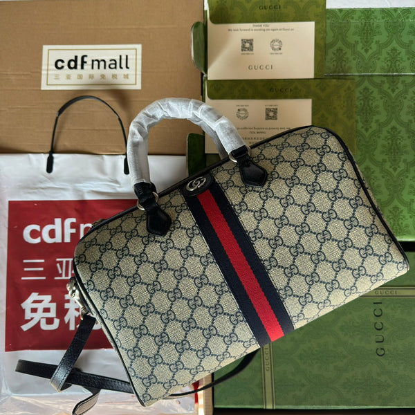 OPHIDIA LARGE BOSTON BAG 31 IN BEIGE AND BLUE GG CALFSKIN