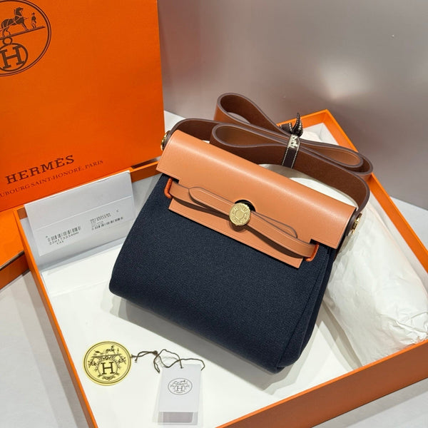 HERMES 25S MINI HERBAG 20 IN NAVY BLUE CANVAS GOLD HARDWARE