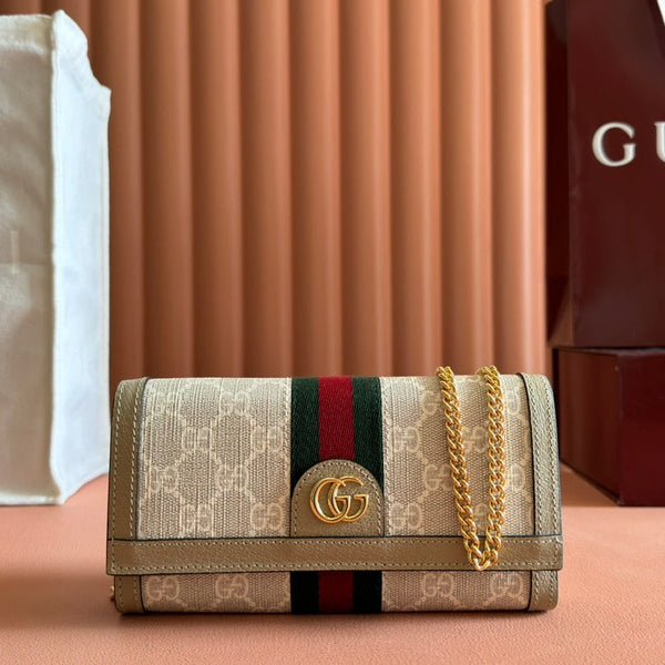 OPHIDIA WALLET ON GOLD CHAIN 19 IN LIGHT BEIGE GG CANVAS AND LIGHT BROWN CALFSKIN