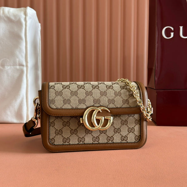 GO SMALL SHOULDER BAG 21.5 IN BEIGE CANVAS BROWN CALFSKIN