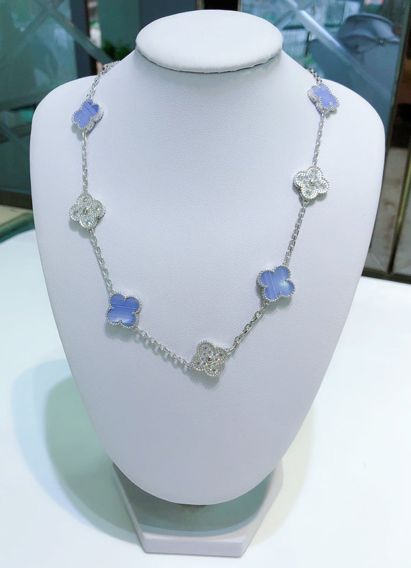ˇMagic JewelryˇCLOVER 10 MOTIFS CHALCEDONY DIAMONDS SILVER NECKLACE